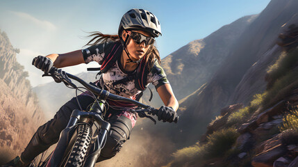 Naklejka premium Mountain biker navigating rugged terrain in high-altitude landscape during bright daylight