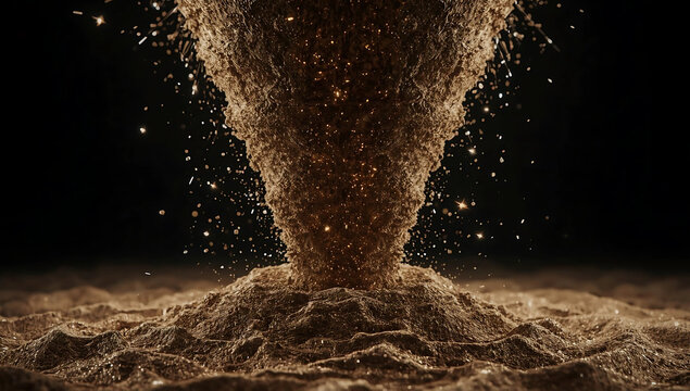 Artistic illustration of a swirling sand dust vortex with glowing golden particles on a dark background. Cosmic, dramatic, and energetic atmosphere. AI generative.