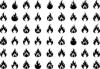 Collection of Fire Flame Icons, Burning Symbol Set, Heat Illustration, Black Fire Silhouettes, Flat Vector Illustration for Graphic Design