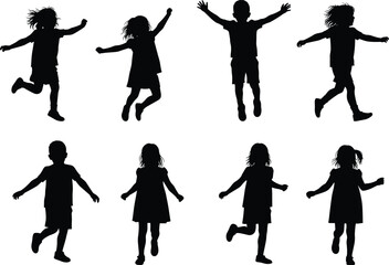 Obraz premium Silhouette of children running, jumping, playing, happy kids vector illustration, childhood activity, freedom, outdoor fun, flat vector illustration