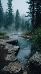Misty hot springs in a tranquil forest setting