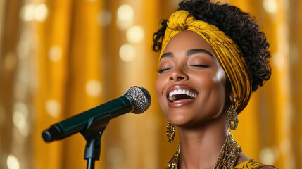 Joyful woman singing passionately into microphone, wearing vibrant headwrap and earrings