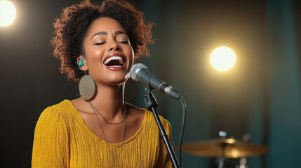 Cinematic shot of woman singing passionately with microphone, spotlight shining brightly