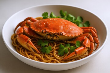 Delicious Cooked Crab on Noodles Garnished with Cilantro, Served in a White Bowl for a Fresh Meal