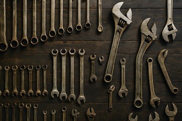 Organized Wrench & Spanner Collection on Wooden Surface &ndash; Mechanical Tools for Precision & Workshop Efficiency
