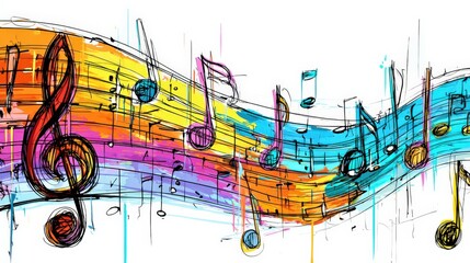 Colorful Watercolor Music Notes Illustration for Creative Projects and Artistic Backgrounds on White