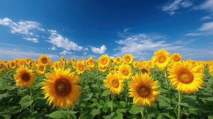 Obraz premium Vibrant Sunflower Field Under a Deep Blue Sky: A Sunny Agricultural Landscape
