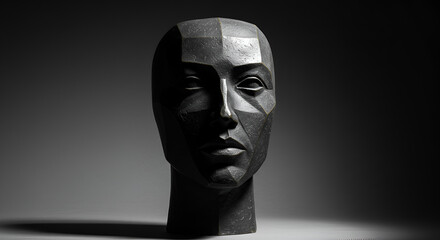 Dramatic close up of a stylized geometric head sculpture on a dark background