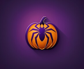 Minimalist Halloween pumpkin logo with a purple spider silhouette, orange and purple gradient, modern vector style, perfect for seasonal branding and marketing