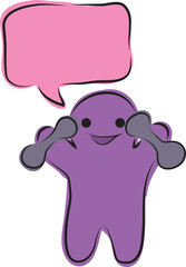 Funny happy purple man with pink speech bubble doing exercises with dumbbells, hand drawn with a black brush in curved lines