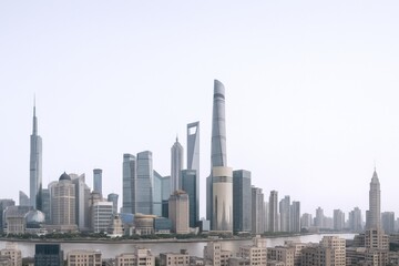 Obraz premium Modern Shanghai Skyline Panorama: Urban Metropolis with Skyscrapers Along the Huangpu River, China