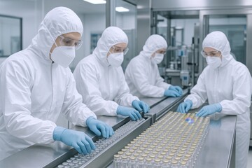 Obraz premium Pharmaceutical Manufacturing: Technicians in Sterile Suits Inspecting Vials on Conveyor Belt in Modern Production Facility