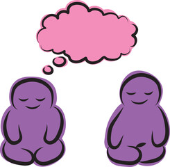 Two funny purple people sitting happy in lotus position, thought cloud above, hand drawn with a black brush in curved lines