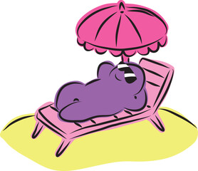 Funny purple man in sunglasses lying contentedly on a beach lounger under a pink umbrella, hand drawn with a black brush in curved lines