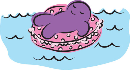 Funny purple man lying on his back in an inflatable pink circle floating in the water, hand drawn with a black brush in curved lines