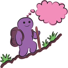 Funny purple man with pink thought cloud goes hiking with backpack and climbs mountain, hand drawn with a black brush in curved lines