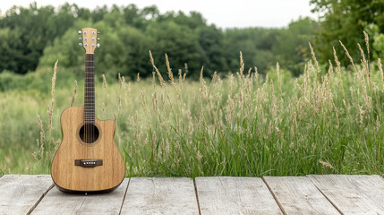 Wooden guitar resting on wooden surface surrounded by tall grass and trees, evoking tranquility