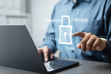 Cybersecurity crime firewall. Cyber security threat privacy protection. Password key identity internet data. Shield protection encryption safety lock. Security system.