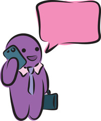 Funny purple businessman man with pink speech bubble talking on phone, hand drawn with a black brush in curved lines