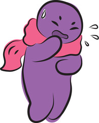 Funny purple man in scarf standing coughing and suffering from illness, hand drawn with a black brush in curved lines