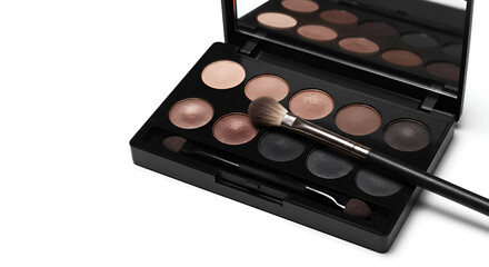 Elegant eye shadow palette with brush isolated on white background beauty products