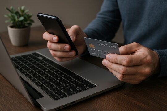 Online Shopping with Smartphone and Credit Card on Laptop, Convenient and Secure Digital Transactions - Powered by Adobe