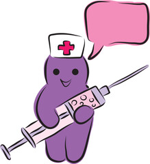 Funny purple man doctor holding big syringe with vaccine and smiling, speech bubble nearby, hand drawn with a black brush in curved lines