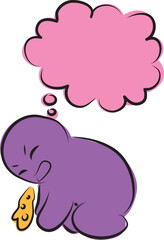 Funny purple man vomits, suffers greatly and is on all fours, with a thought cloud nearby, hand drawn with a black brush in curved lines