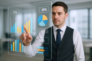 Focused Businessman Interacting with Digital Analytics Dashboard Displaying Financial Data and Performance Metrics in Modern Office