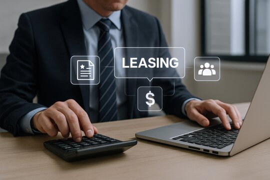 Business Professional Calculating Leasing Costs with Laptop and Visual Interface Overlay for Finance and Real Estate Concepts