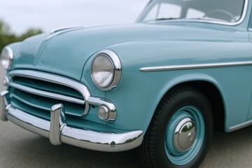 Close-up of a Classic Car with Light Blue Paint, Chrome Details, and a Nostalgic Design