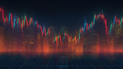 Financial Market Analysis with Candlestick Chart Overlaying a Cityscape, Representing Global Economic Trends and Investment Strategies