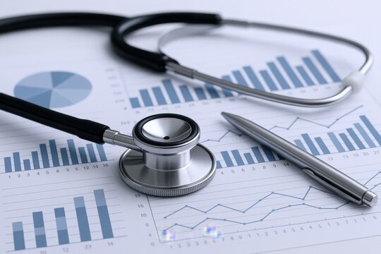 Medical Data Analysis with Stethoscope and Pen on Financial Charts for Healthcare Industry Insights - Powered by Adobe
