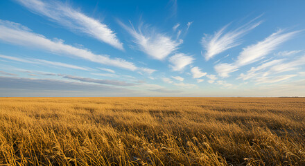 Obraz premium Endless expanse of golden wheat field under a vibrant blue sky filled with cirrus clouds