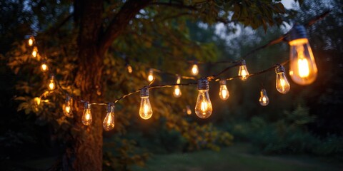Festive outdoor garden with string lights and hanging bulbs in the evening, creating an inviting atmosphere for social gatherings or special events