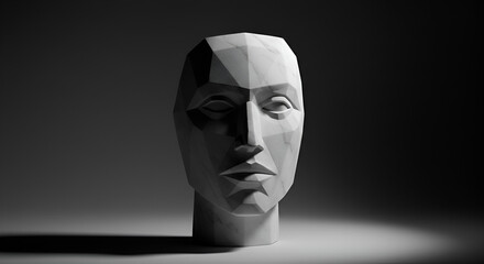 Geometric human head sculpture casting shadows against a gray backdrop