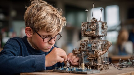 Boy Carefully Assembling Vintage Robot: Inspiring STEM Education and Future Technology Concepts in Warm Indoor Setting