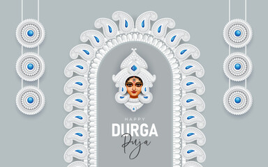 Happy Durga Puja Festival Design Template, Indian Religious Festival Durga Puja Background Design Template with Creative Goddess Durga Face Illustration