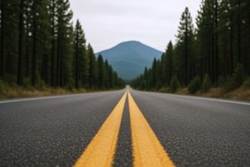 Obraz premium Scenic Highway Perspective Leading to Distant Mountain Peak Through Dense Evergreen Forest Landscape
