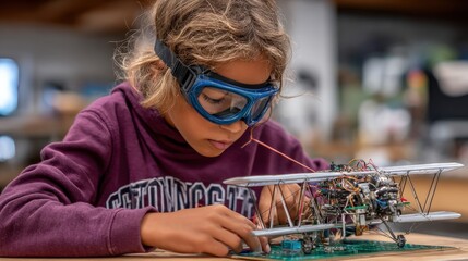 Focused Boy Building Airplane Model with Precision, Wearing Goggles for Safety in a Workshop