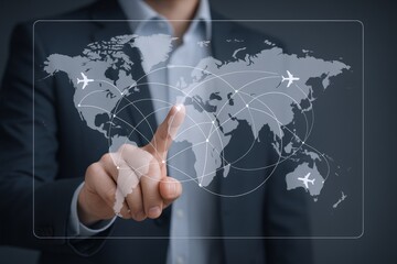 Global Business Expansion Strategy: Businessman Navigating Worldwide Connections and Flight Routes with Interactive Touchscreen