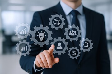 Businessman Interacting with Digital Interface Representing Business Solutions, Strategy, and Workflow Automation in Modern Office Setting