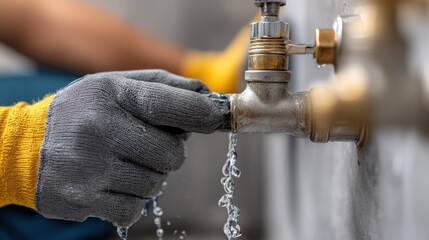 Plumber Fixing a Leaky Faucet with Water Dripping, Wearing Gloves, Demonstrating Plumbing Skills and Leak Repair Solutions