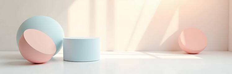 soft focus captures serene arrangement gentle pastel geometric shapes sleek white background bathed warm natural light