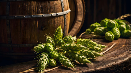 Macro shot of wheat stalks and hops beside wooden barrel