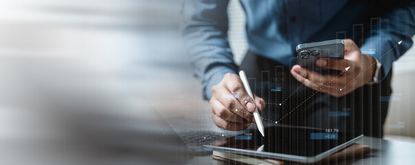 Financial analysis technology concept. Accounting data analytics. Analyst finance account. Dashboard system management. System integration report tech software. Erp system.