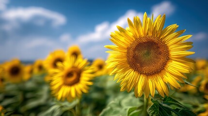 Obraz premium Vibrant Sunflower Field Under a Sunny Blue Sky: Summer Agriculture and Beauty