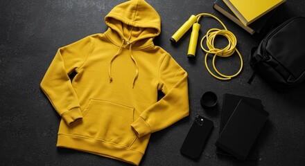 Vibrant yellow hoodie and jump rope ready for an energetic workout session on a dark background