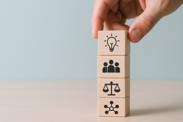 Building Blocks of Business Strategy: Hand Stacking Wooden Blocks with Icons for Success and Growth