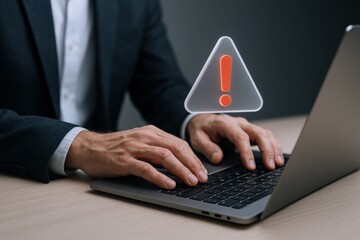 Typing on Laptop Receiving a Cyber Security Warning Notification with Exclamation Mark Alert